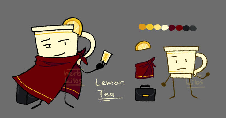Reference drawing of a cup of lemon tea that wears a red cape.